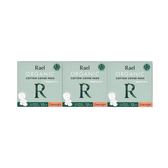 3 Pack Rael Organic Cotton Cover Pads with Leak Locker OVERNIGHT 12 Each - Picture 1 of 1